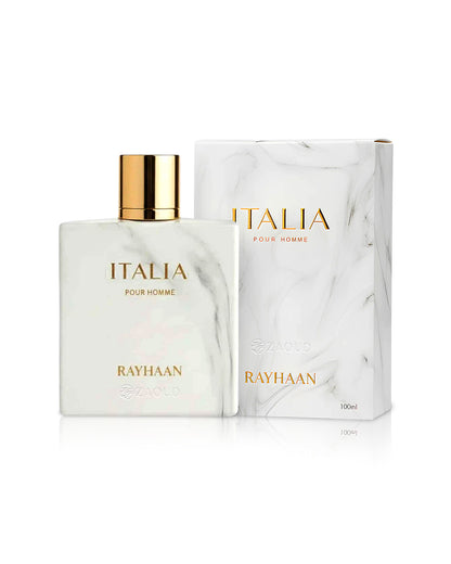 Rayhaan Italia Pour Homme perfume bottle and packaging on a white background