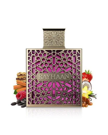 rayhaan kiss perfume bottle surrounded by fragrance notes like raspberry and caramel shows against white background