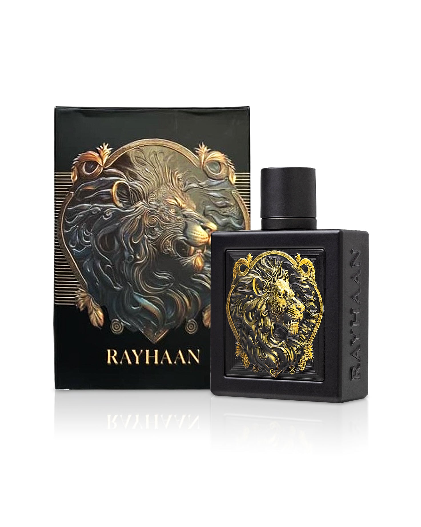 rayhaan lion perfume bottle shows beside its box against white background