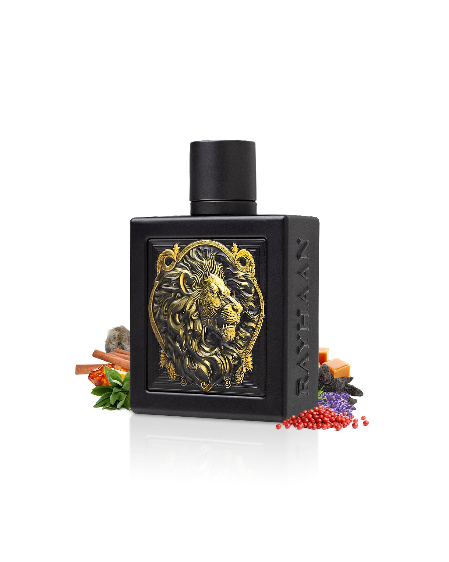 rayhaan lion perfume bottle surrounded with fragrance notes like pepper and amber shows against white background