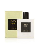 rayhaan nava sol perfume bottle shows beside its packaging against white background