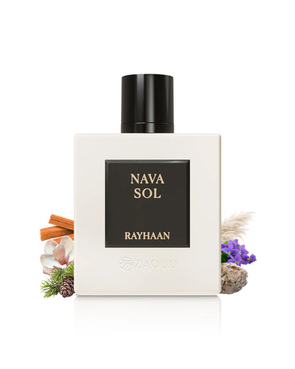 rayhaan nava sol perfume bottle surrounded with fragrance notes like ambergris and pine shows against white background