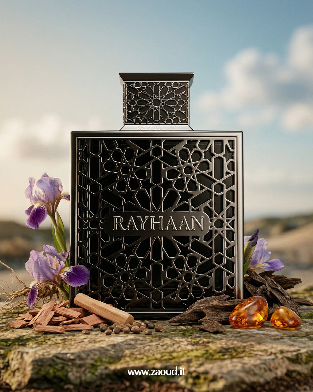 Rayhaan Eau de Parfum black geometric Arabic lattice bottle with iris flowers amber oud and sandalwood 