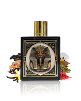 rayhaan pharaoh perfume bottle surrounded by fragrance notes like cardamom and vanilla shows against white background