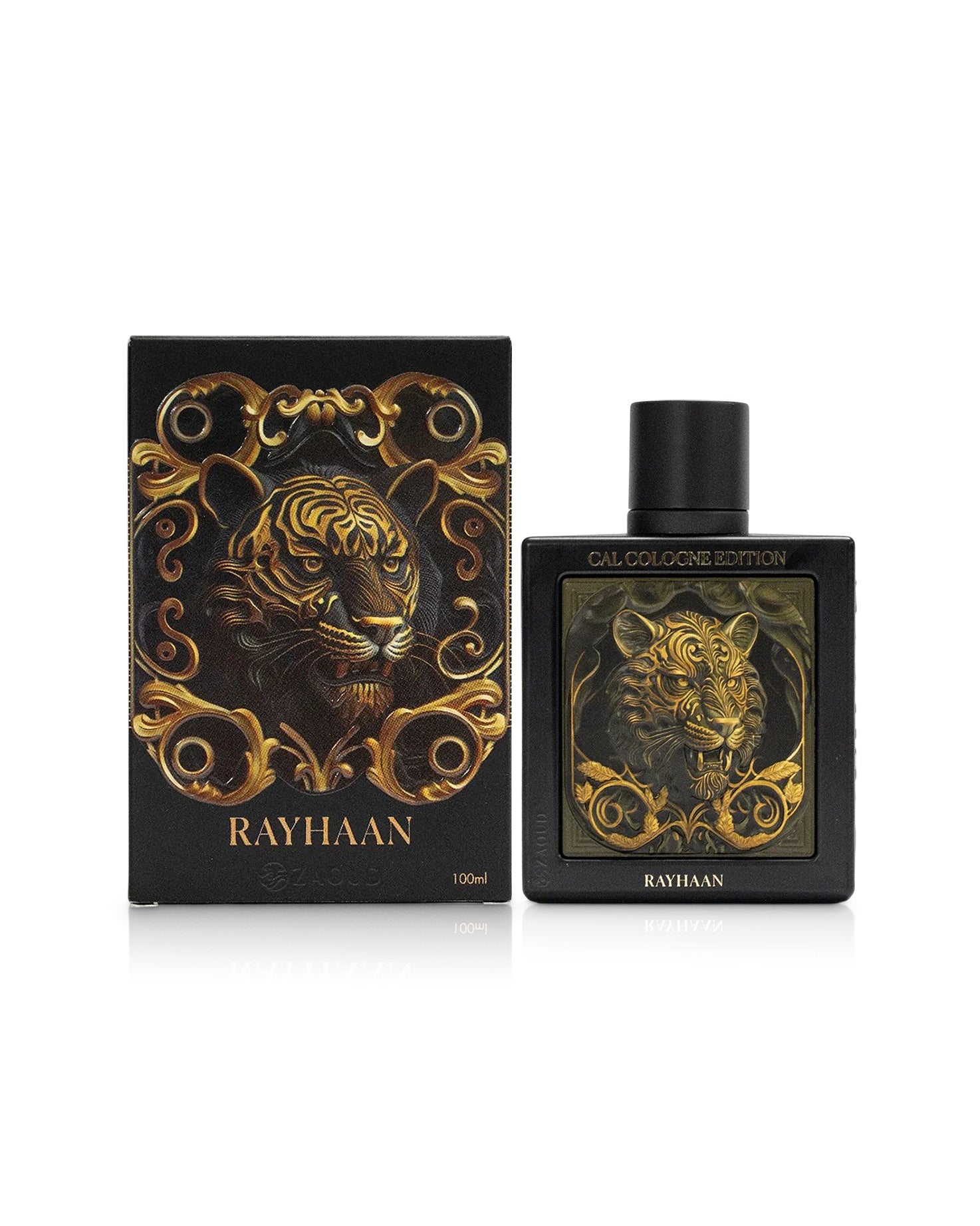 rayhaan tiger perfume bottle shows beside its box against white background