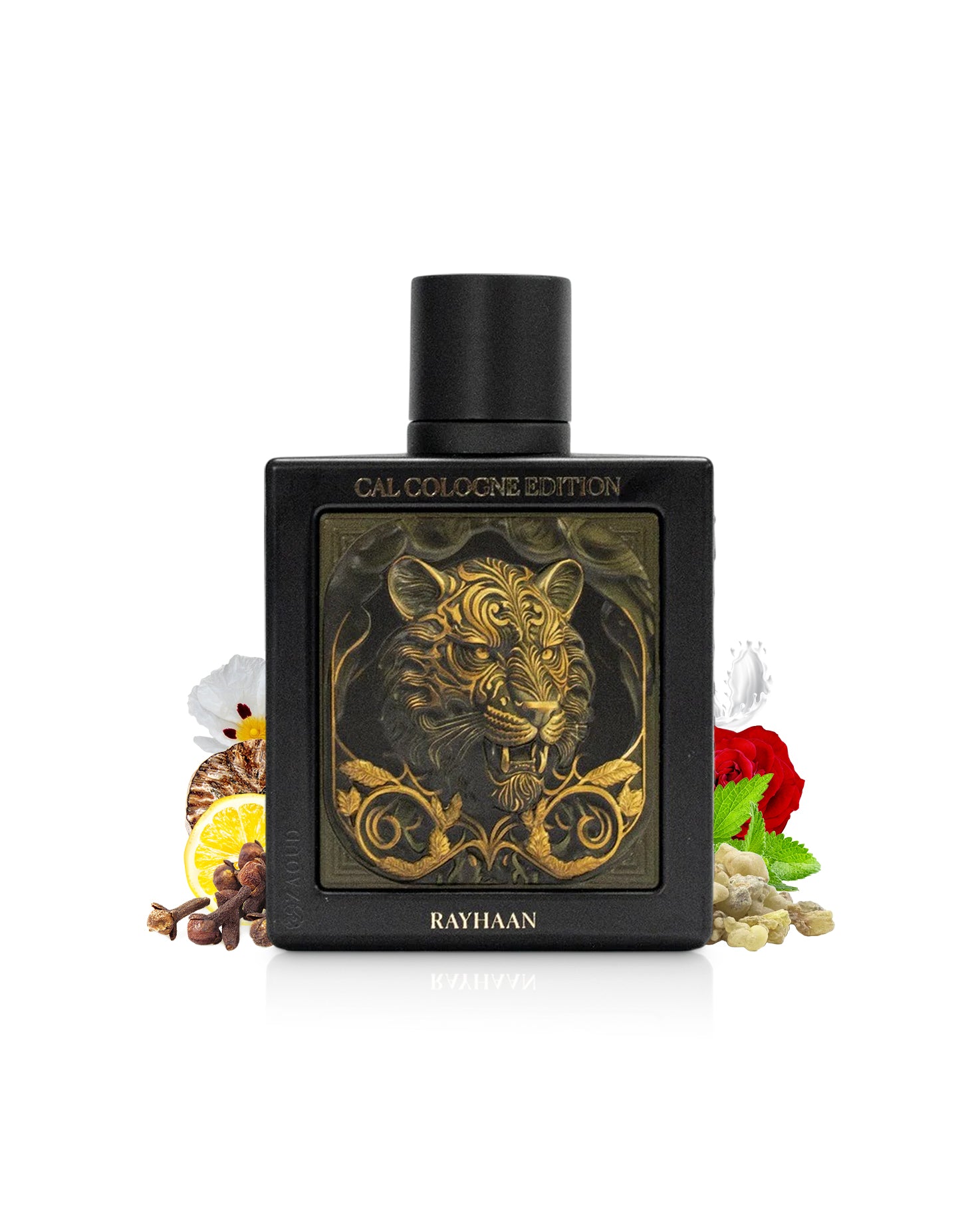 rayhaan tiger perfume bottle surrounded with fragrance notes like cloves and rose shows against white background