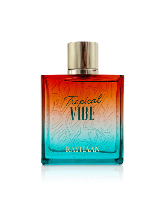 rayhaan Perfume bottle with gradient design and 'Tropical Vibe' text on a white background