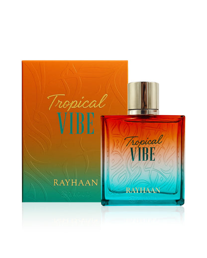 Rayhaan Tropical Vibe perfume bottle and packaging on a white background