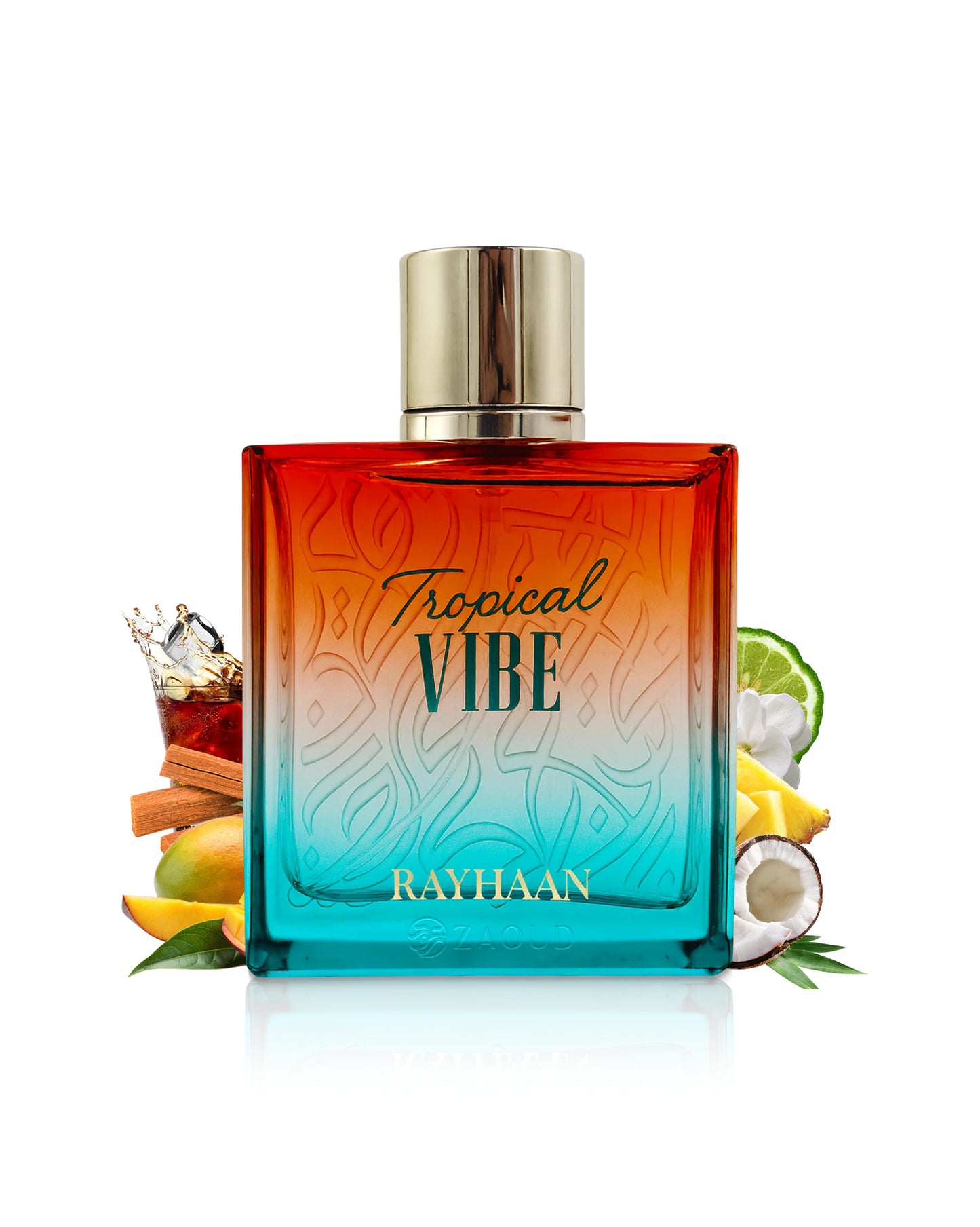 rayhaan Perfume bottle labeled 'Tropical Vibe' by Rayhaan with fruit-themed design elements on a white background.