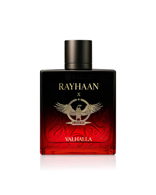 rayhaan valhalla Perfume bottle with 'Rayhaan legion' branding on a white background