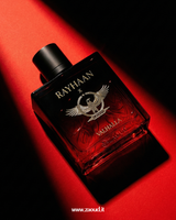 Perfume bottle with 'Rayhaan' branding on a red background