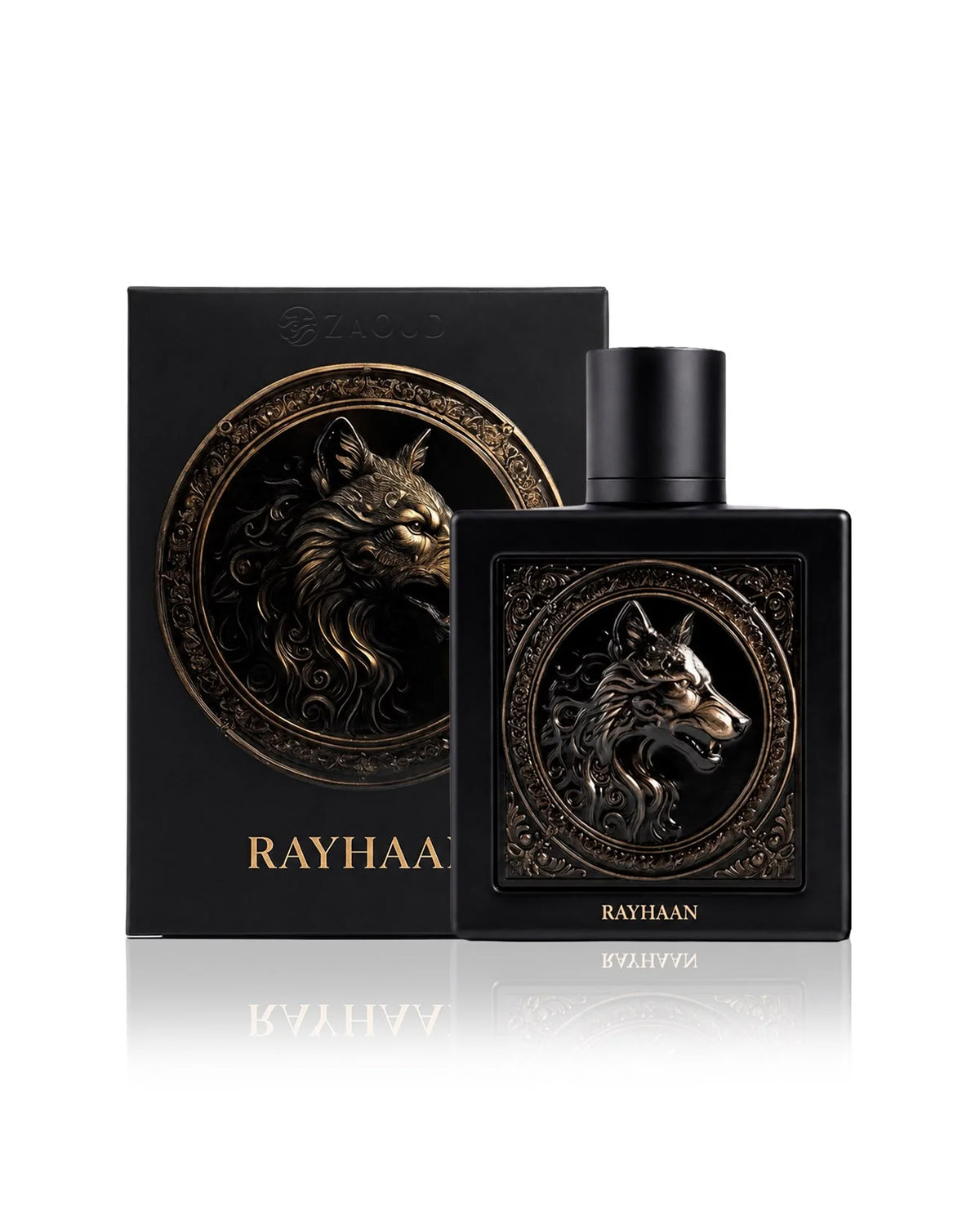 rayhaan wolf perfume bottle shows beside its packaging against white background
