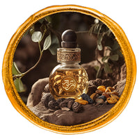 resinous perfume bottle surrounded by spices and resins