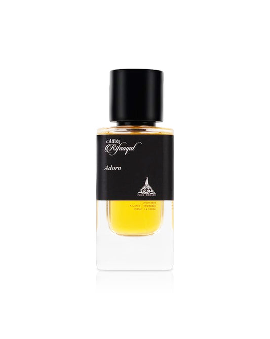 PARIS CORNER RIFAAQAT ADORN Perfume bottle with black cap and yellow liquid on a white background