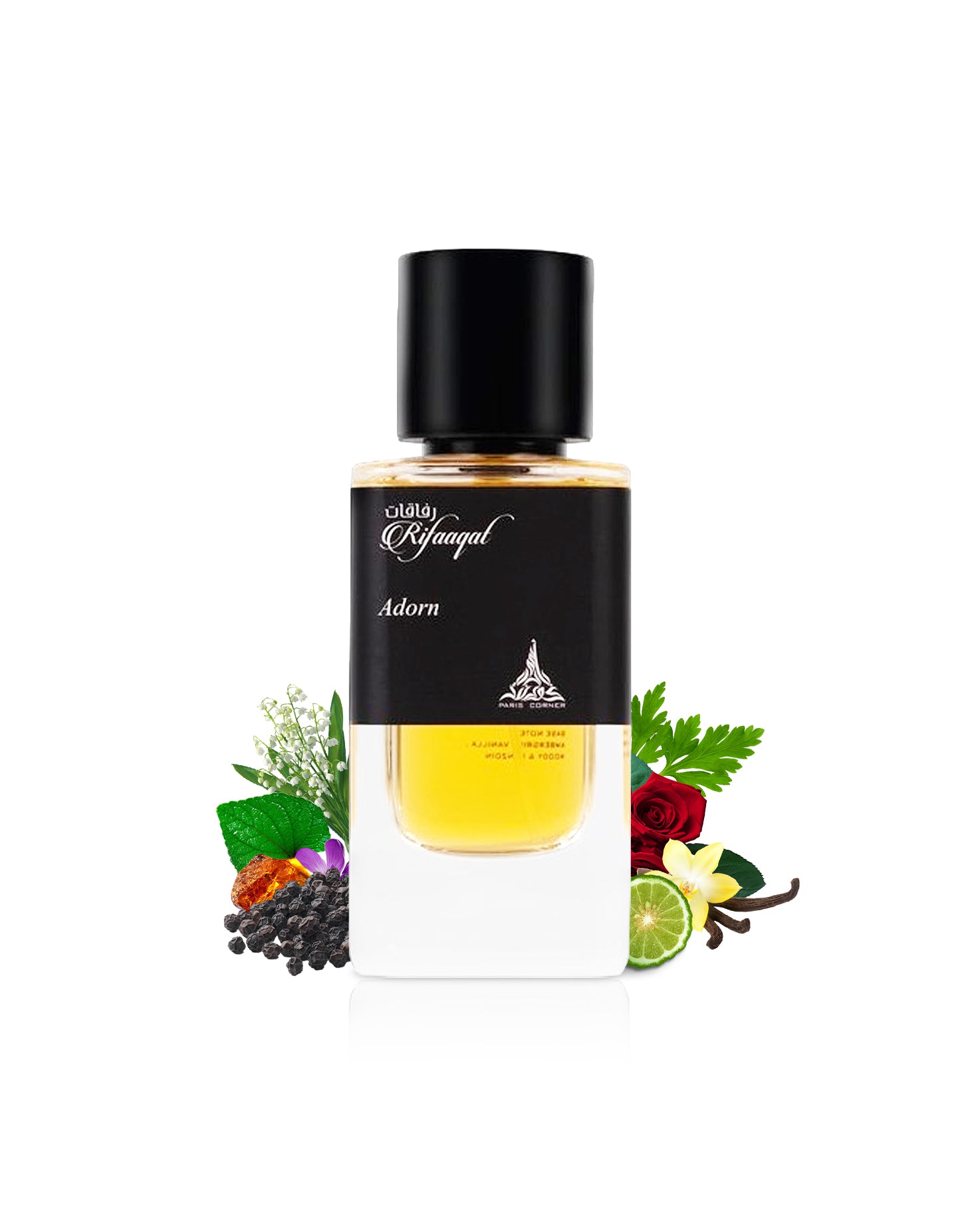 rifaaqat adorn by paris corner perfume bottle surrounded with its ingredients like citrus and vanilla with many other like amber and jasmine shows from behind the bottle  against white background