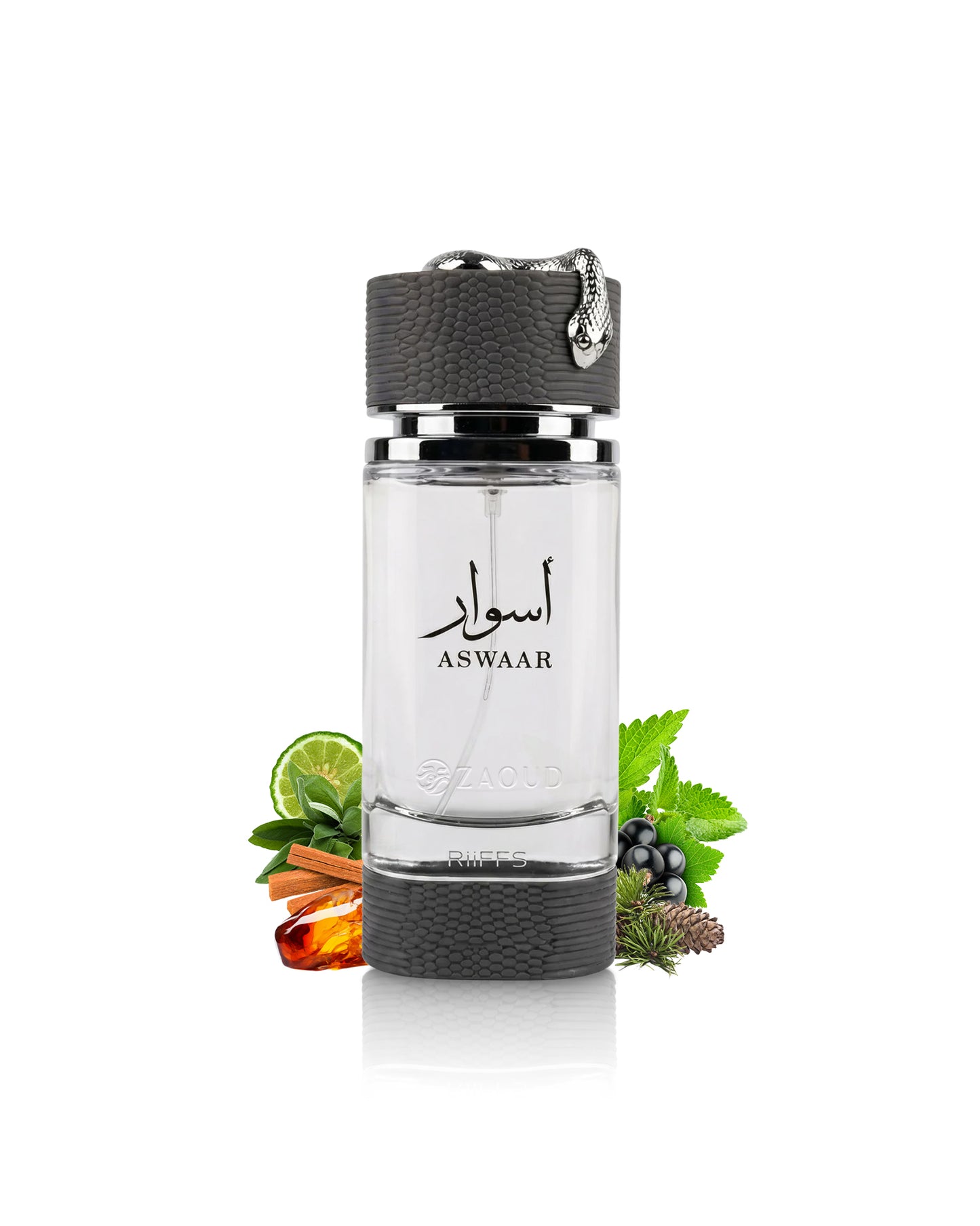 Riiffs aswaar perfume bottle surrounded by fragrance notes like amber and sage shows against white background