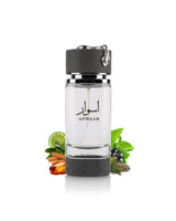 Riiffs aswaar perfume bottle surrounded by fragrance notes like amber and sage shows against white background