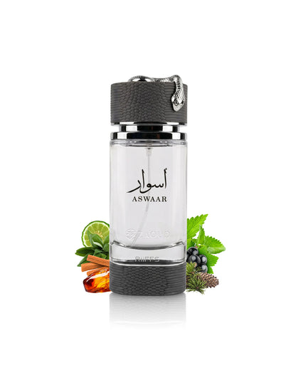 Riiffs aswaar perfume bottle surrounded by fragrance notes like amber and sage shows against white background