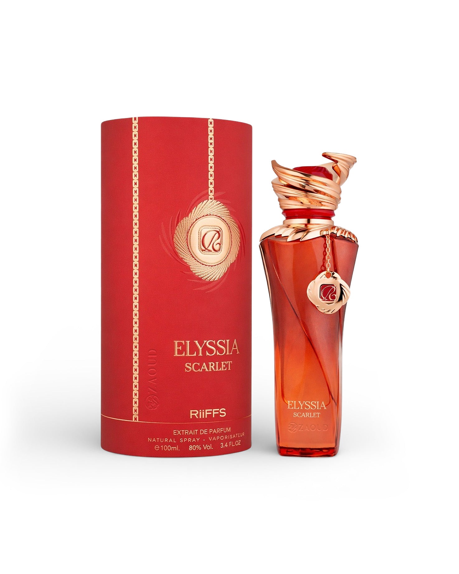 riiffs elysia scarlet perfume bottle shows beside its packaging against white bakground