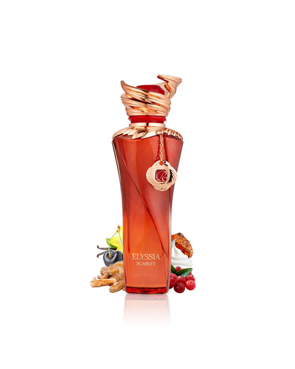 riiffs elysia scarlet perfume bottle surrounded by fragrance notes like cherry and cream shows against white bakground