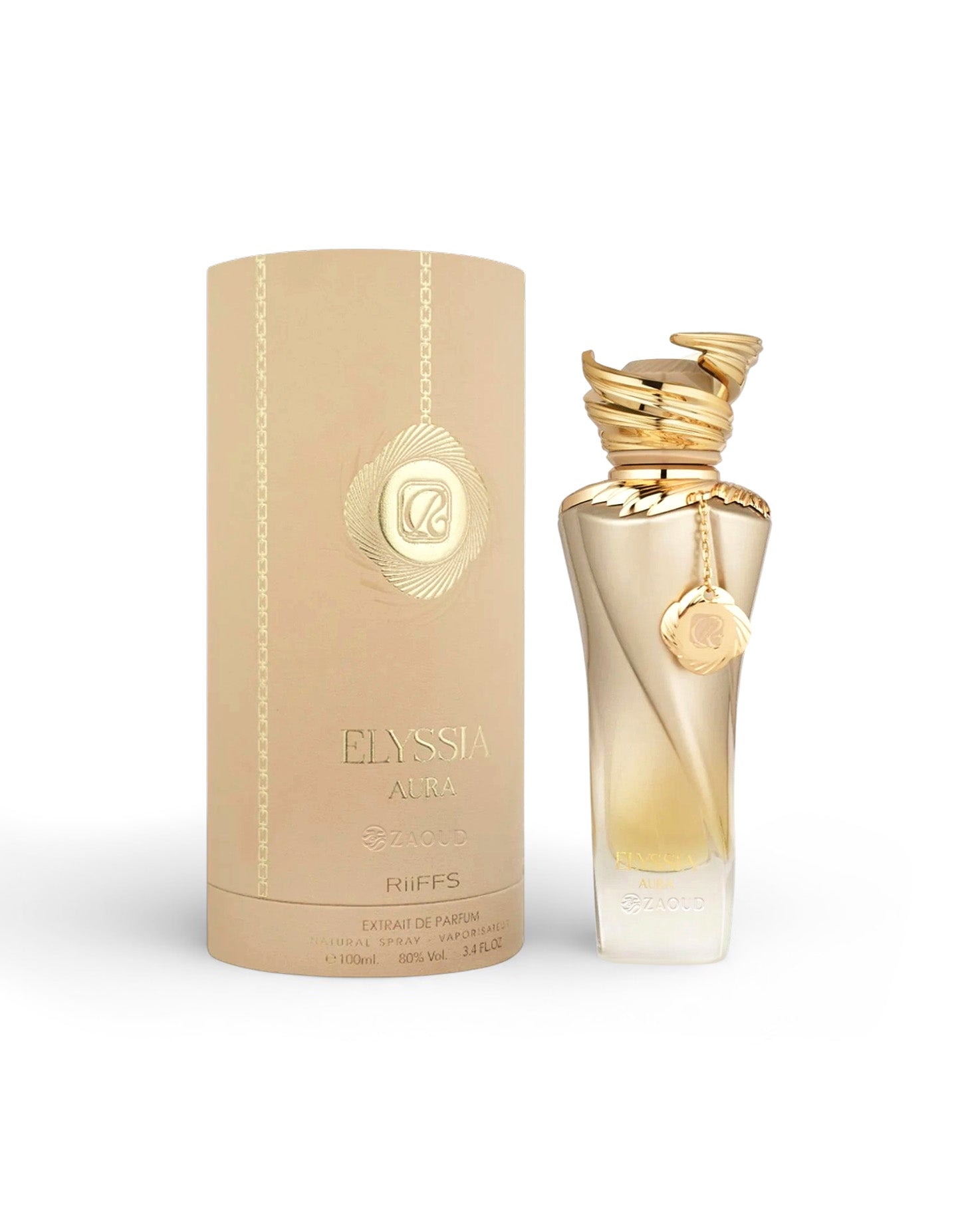 riiffs elyssia aura perfume bottle shows beside its packaging against white background