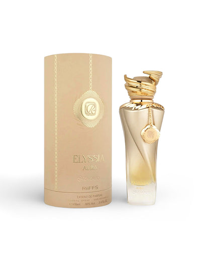 riiffs elyssia aura perfume bottle shows beside its packaging against white background