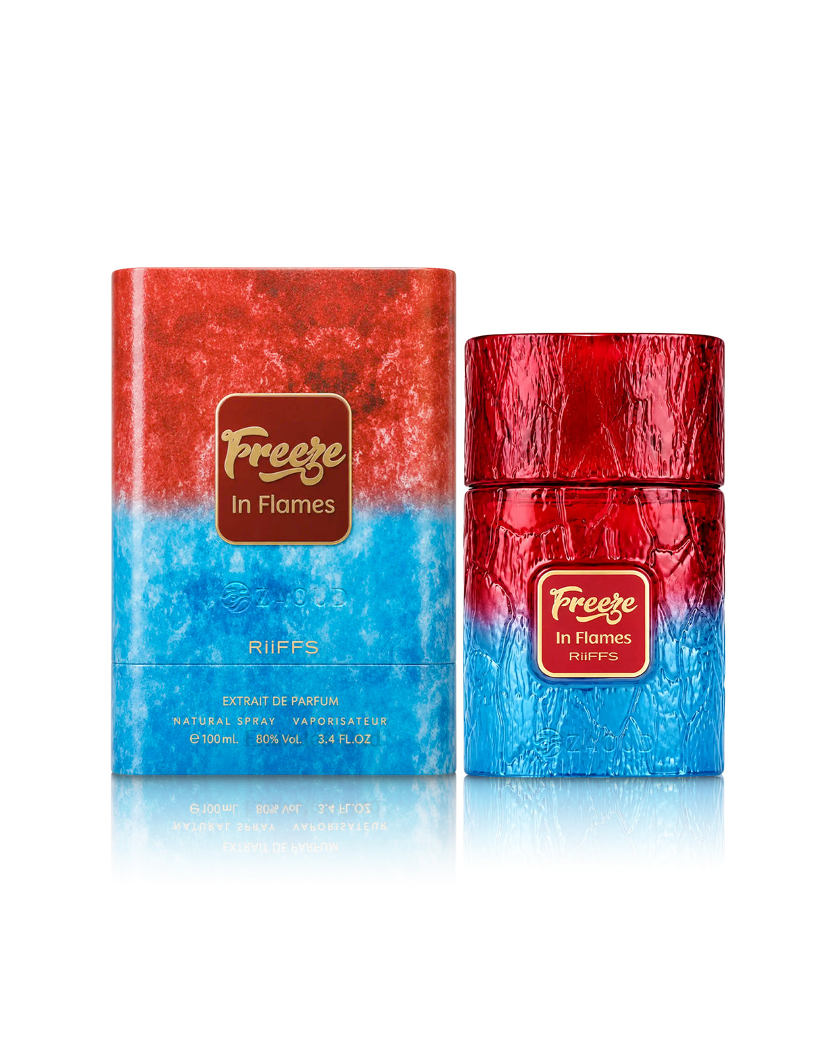 riiffs freeze in flames perfume bottle shows beside its packaging against white background