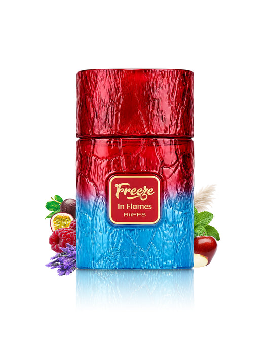 riiffs freeze in flames perfume bottle surrounded with fragrance notes like apple and raspberry shows against white background