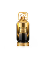 Riiffs momento liquid gold perfume bottle featuring a glossy gold and black cylindrical body with a decorative gold cap and base, set against a solid white background.