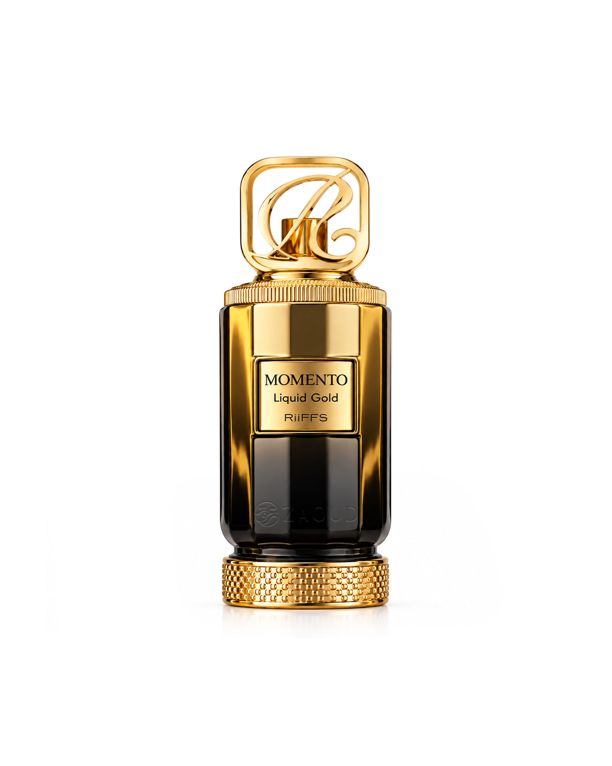 Riiffs momento liquid gold perfume bottle featuring a glossy gold and black cylindrical body with a decorative gold cap and base, set against a solid white background.