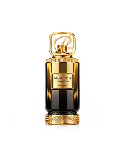 Riiffs momento liquid gold perfume bottle featuring a glossy gold and black cylindrical body with a decorative gold cap and base, set against a solid white background.