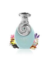 riiffs tahira perfume bottle surrounded by fragrance notes like almond and tonka beans shows against white background