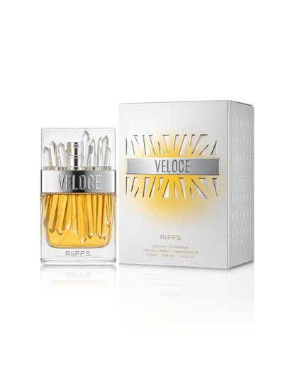Riiffs Veloce Extrait de Parfum bottle and its white packaging box with a yellow-gold sunburst design, set against a clean white background.