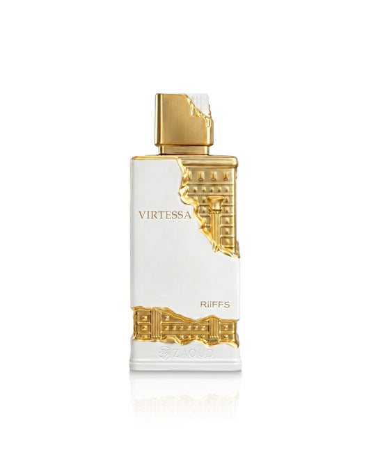 riiffs Virtessa perfume bottle with gold accents on a white background