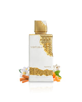 riiffs virtessa perfume bottle surrounded with fragrance notes like orange and jasmine shows against white background