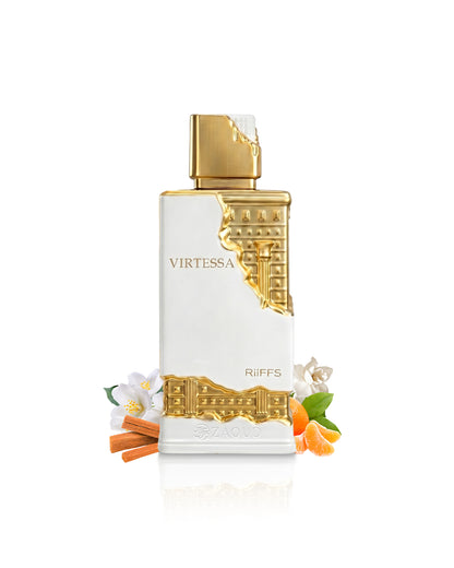 riiffs virtessa perfume bottle surrounded with fragrance notes like orange and jasmine shows against white background