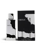 riiffs virtus perfume bottle shows beside its packaging against white background