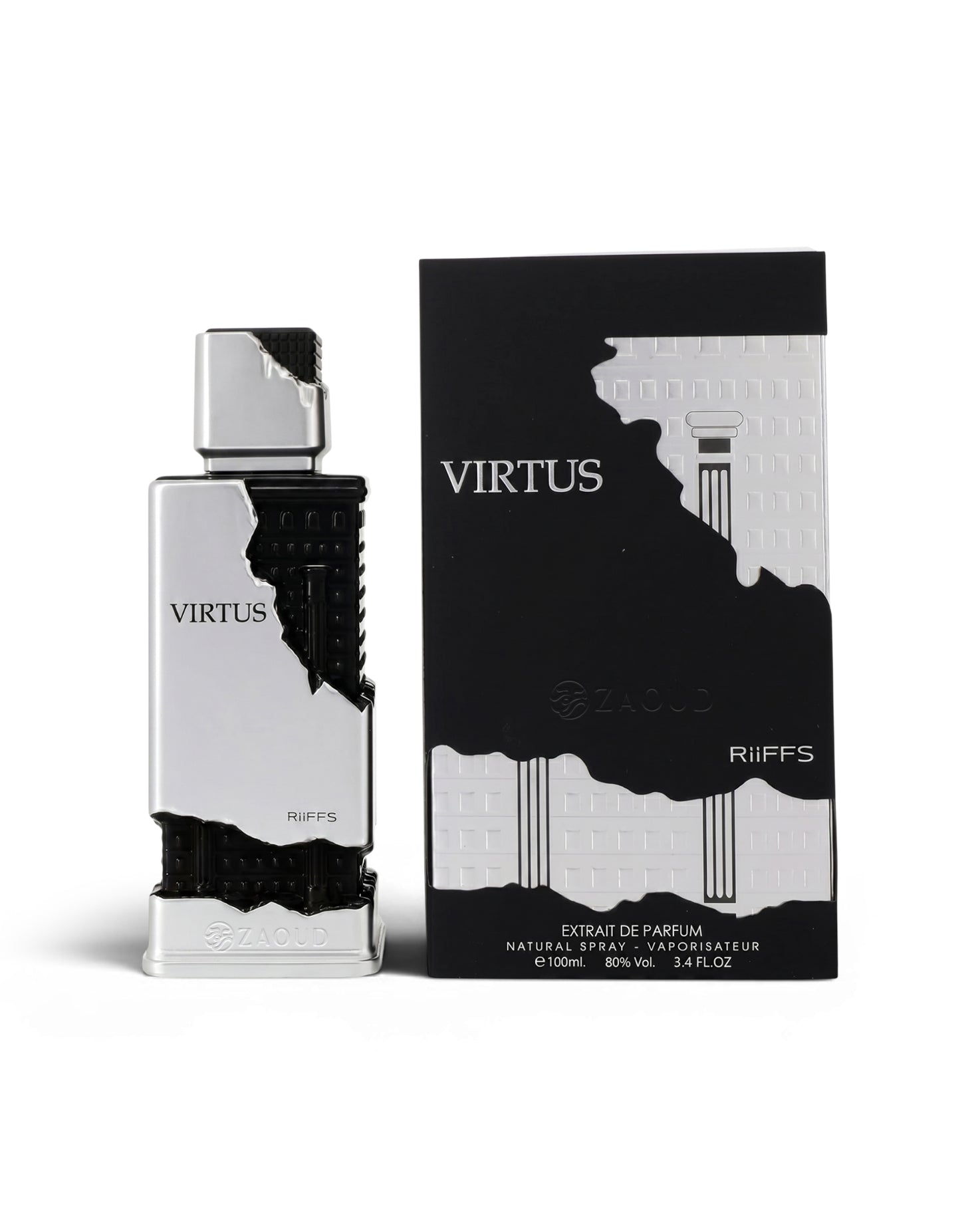 riiffs virtus perfume bottle shows beside its packaging against white background