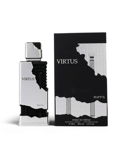 riiffs virtus perfume bottle shows beside its packaging against white background
