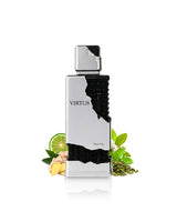 riiffs virtus perfume bottle surrounded by fragrance notes like ginger and cardamom  shows against white background