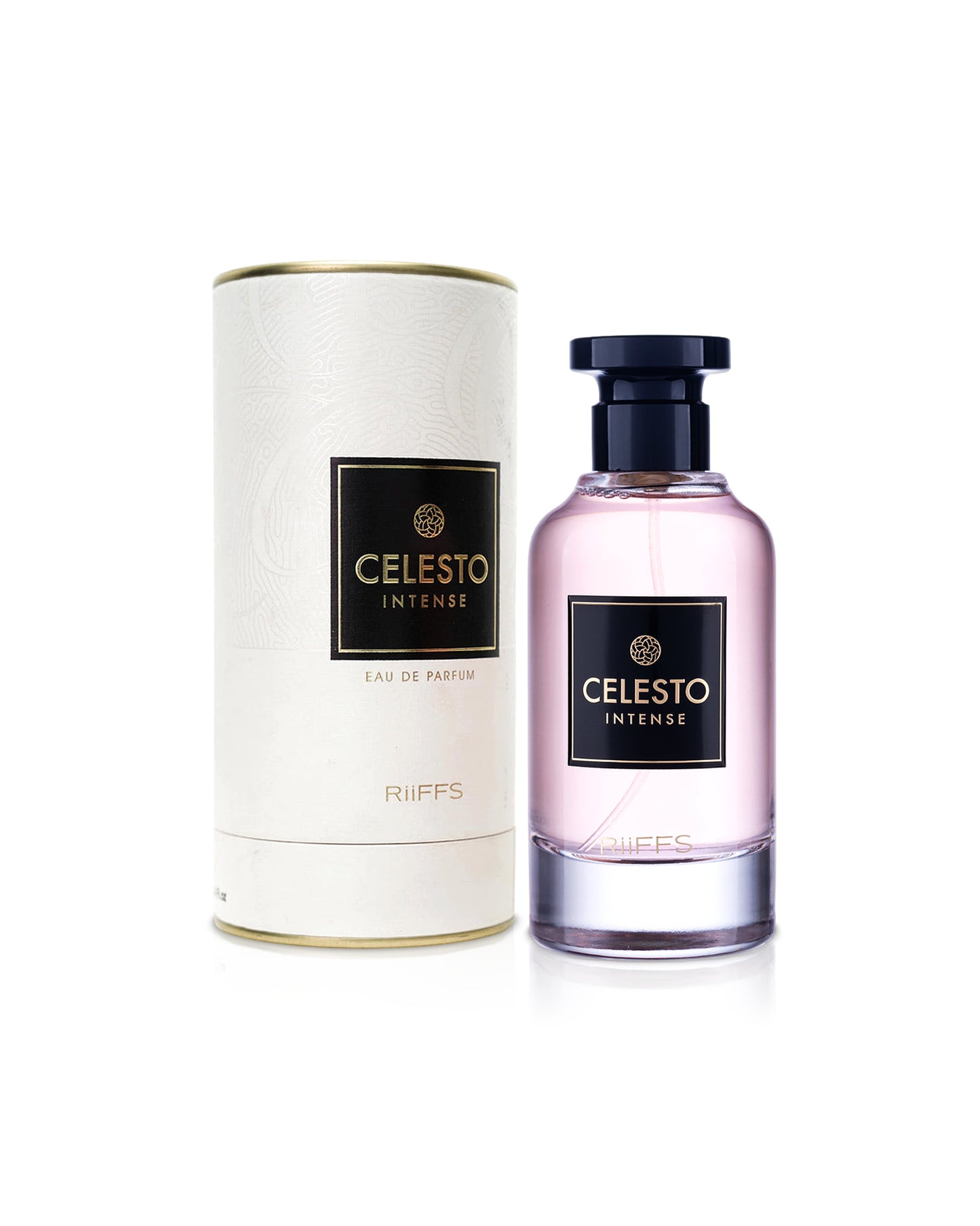 riiffs celesto intense perfume bottle shows beside its box against white background