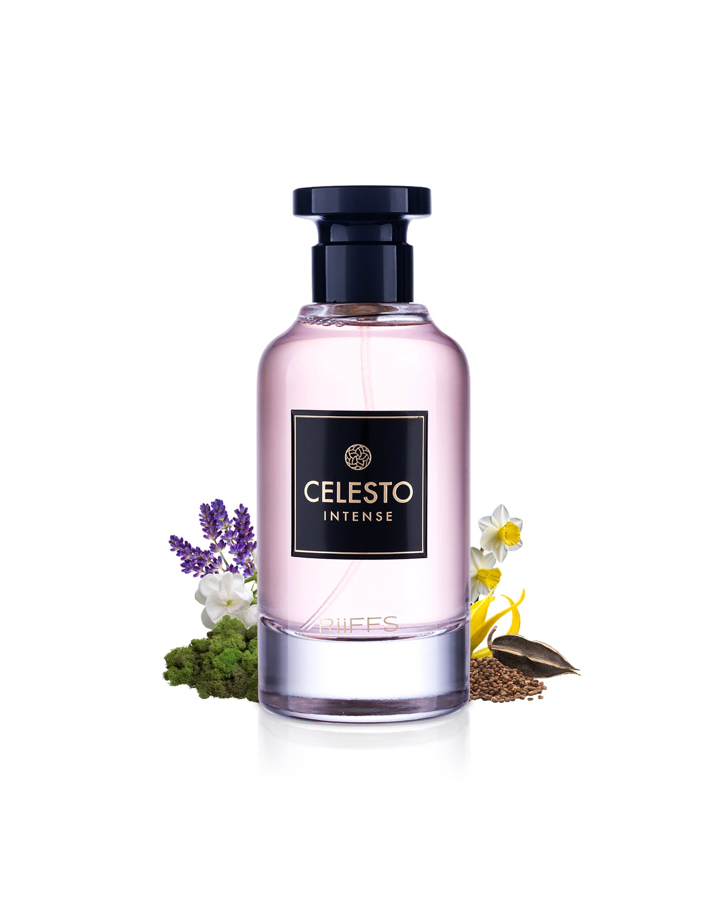 riiffs celesto intense perfume bottle surrounded with its ingredients like jasmine and ylang ylang with many other like lavender shows from behind the bottle  against white background