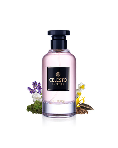 riiffs celesto intense perfume bottle surrounded with its ingredients like jasmine and ylang ylang with many other like lavender shows from behind the bottle  against white background