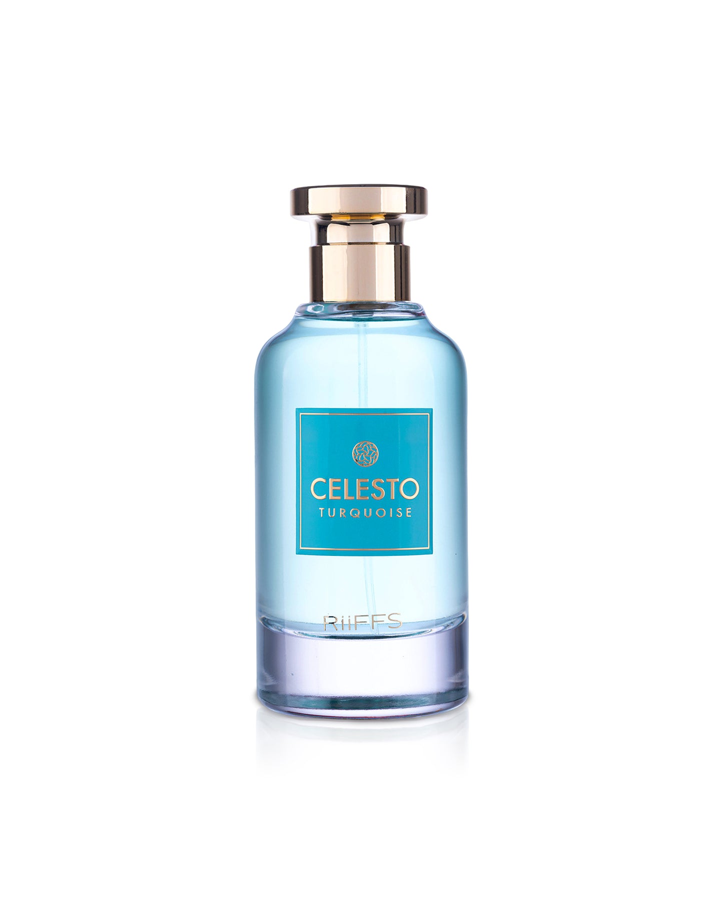 riiffs celesto turquoise prfume bottle shows against white background