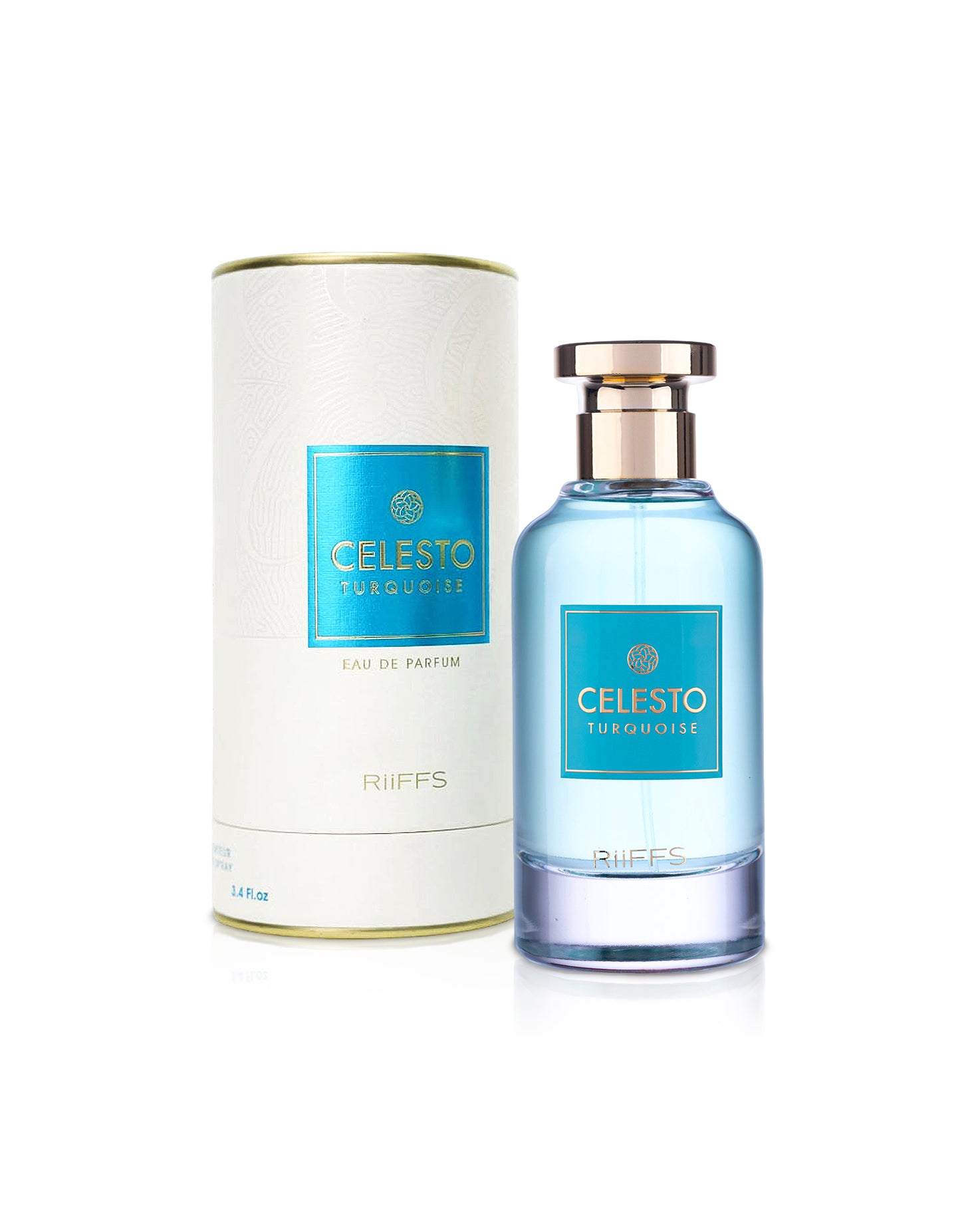 riiffs celesto turquoise prfume bottle shows beside its box against white background