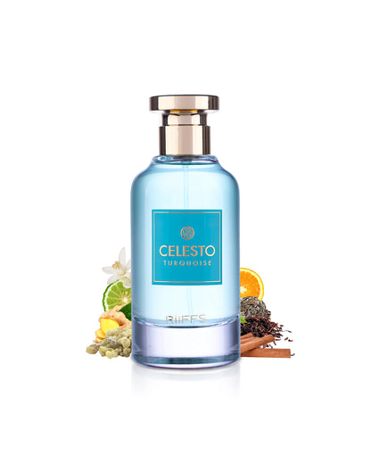 riiffs celesto turquoise prfume bottle surrounded with its ingredients like ginger and chinese tea shows from behind the bottle  against white background