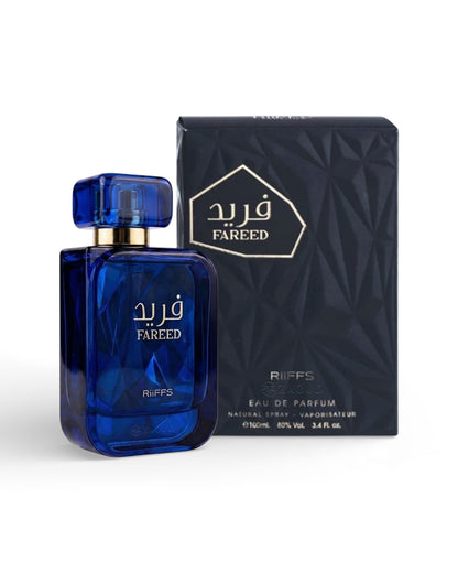 Riiffs Fareed Eau de Parfum bottle and packaging box displayed together on a white background luxury Arabian fragrance 100ml.