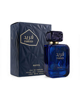 riiffs fareed perfume bottle shows beside its packaging against white background