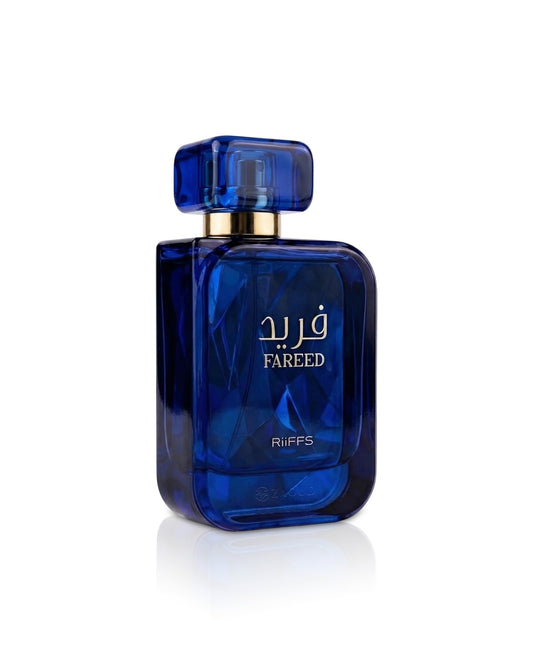 Riiffs Fareed perfume blue glass bottle product image on white background luxury Arabian fragrance 100ml.