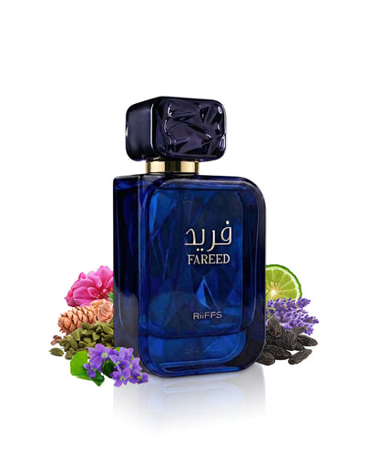 riiffs fareed perfume bottle surrounded by fragrance notes like tonka and lavender shows against white background